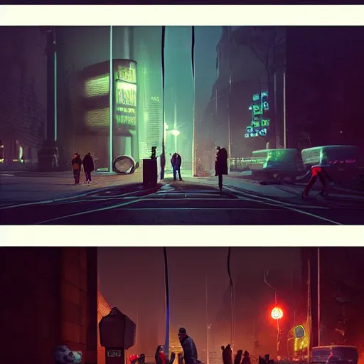 Prompt: some people waiting at bus stop in dark city night : : by beeple and james gilleard and justin gerard : :, centered, artstation, smooth, sharp focus, photoreal octane render, 3 d, by jean - baptiste monge!!!!!!!