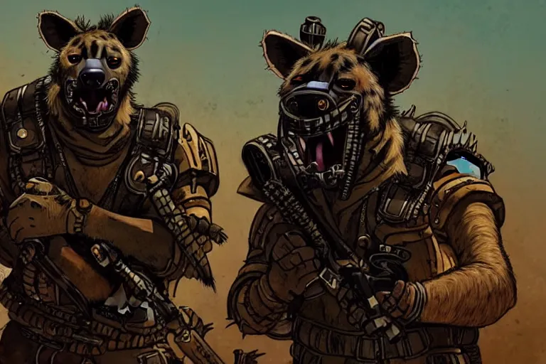 Image similar to a good ol'hyena fursona ( from the furry fandom ), heavily armed and armored facing down armageddon in a dark and gritty version from the makers of mad max : fury road. witness me.