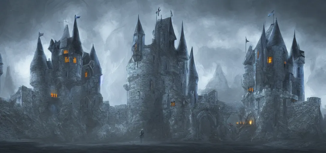 Image similar to A digital concept art painting of a dark blue medieval fantasy european ghotic castle with black brick in desert, 4K UHD image, unreal engine, Graphic Novel, Visual Novel