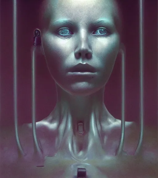 Prompt: portrait of girl melting with machine by wayne barlowe and zdislaw beksinski