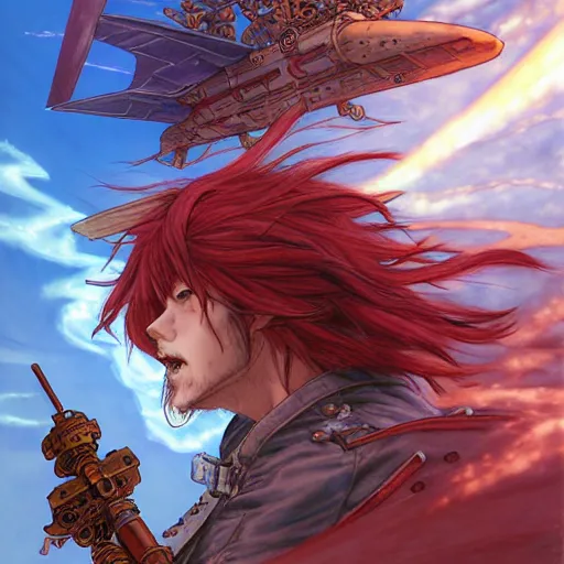 Image similar to prompt : ragnarok online portrait soft light painted by james jean and katsuhiro otomo and erik jones, inspired by akira anime, an epic fantasy comic book style portrait painting of a long haired, red headed male sky - pirate in front of an airship, intricate oil painting, high detail illustration, sharp high detail, manga and anime 1 9 9 9