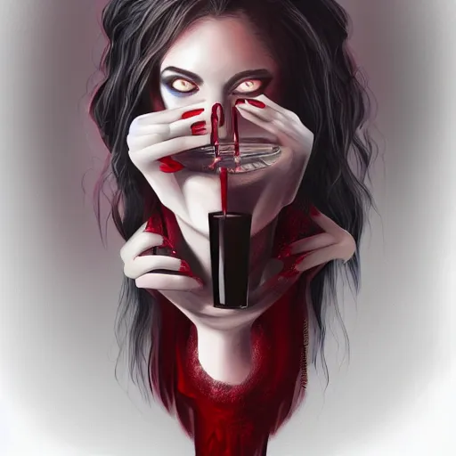 Image similar to portrait of beautiful vampire lady drinking from a goblet of blood, fantasy illustration trending on artstation