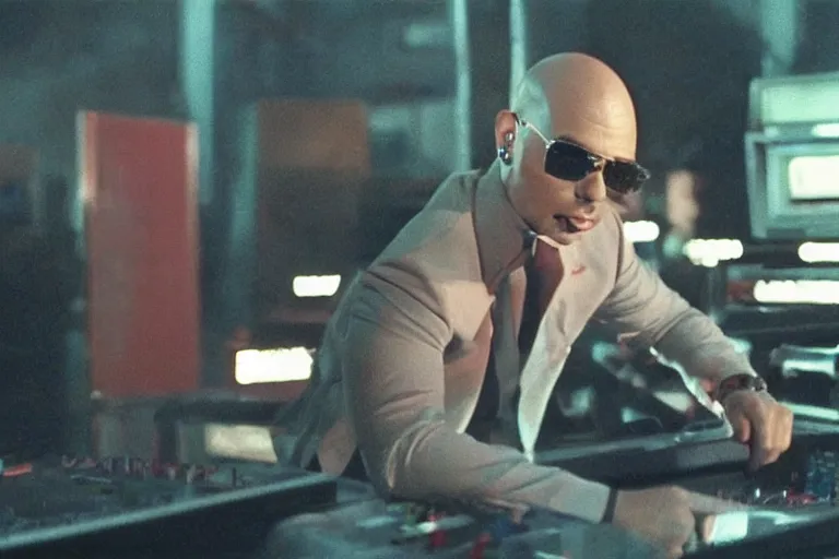 Image similar to pitbull playing a pitbull themed pinball machine, over the shoulder perspective, in 1 9 8 5, y 2 k cybercore, industrial low - light photography, still from a kiyoshi kurosawa movie