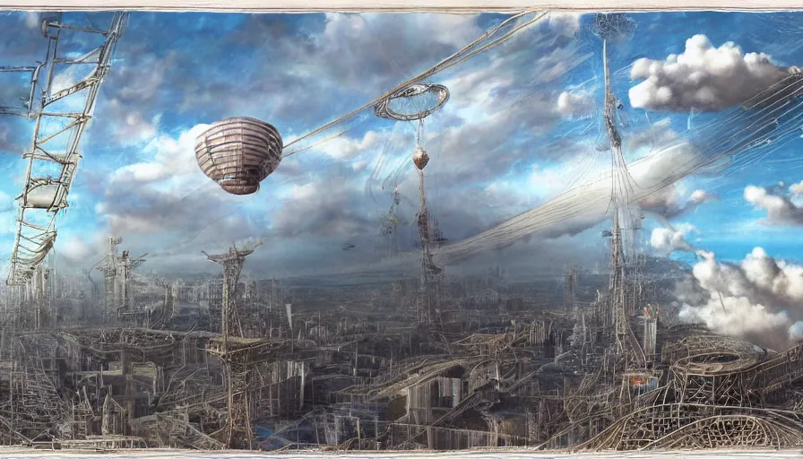 Prompt: an inflated stainless steel chrome gondola in the clouds, people are hanging by steel cables. Oil rigs in the sky. Intricate technical drawing. Colored pencil. Mammatus clouds. Ornate, brilliant, utopian, detailed, Golden ratio, solarpunk technology by Lebbeus Woods and Craig Mullins