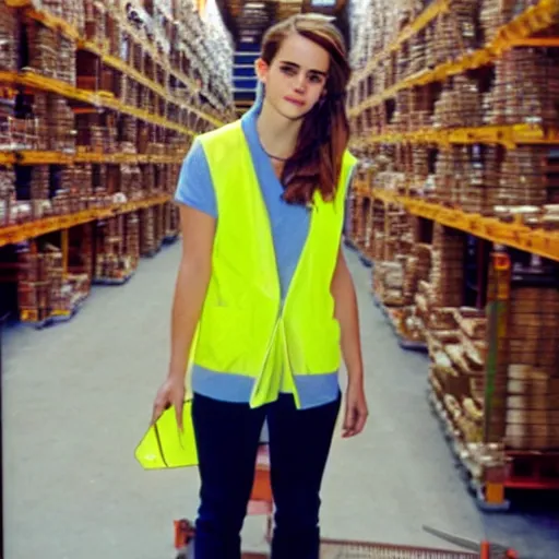 Prompt: photo, close up, emma watson in a hi vis vest, in warehouse, disposable camera, 5 0 mm,