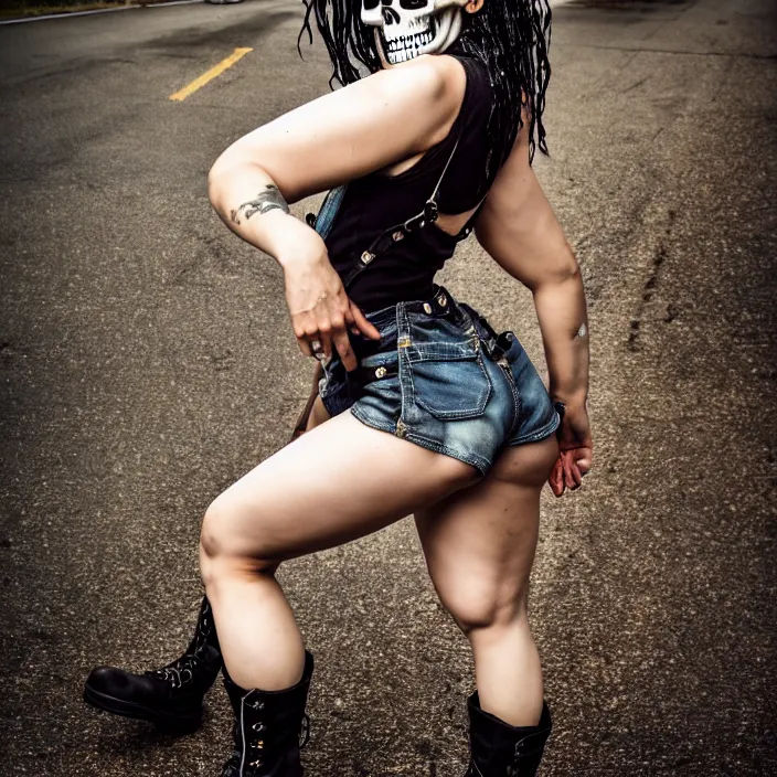 Prompt: fully body pose, photo of a very beautiful!! skull woman, torn overalls, short shorts, fishnets, combat boots, wet t shirt, 8 k, hdr, smooth, sharp focus, high resolution, award - winning photo, trending on artstation, dslr, 5 0 mm