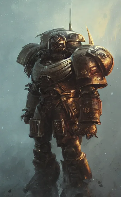 Image similar to portrait of a man with a bushy moustache wearing space marine armor, concept art, warhammer, moustache, fantasy, highly detailed, cinematic lighting, digital painting by greg rutkowski