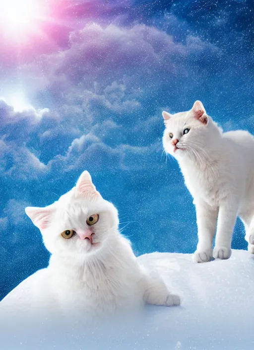Prompt: giant little baby white cat on a snowy mountain with lightning coming out of its paws, blue sky background with moon