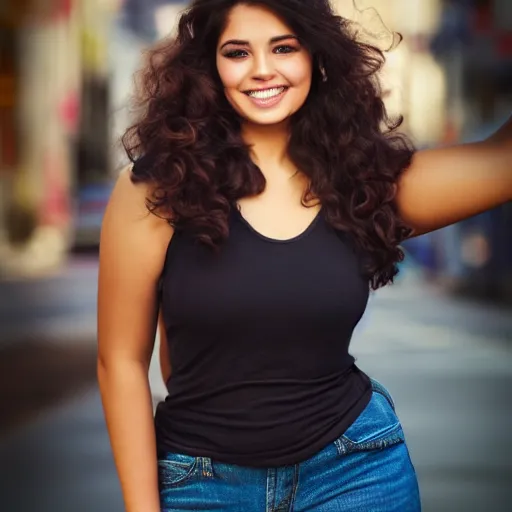 Image similar to curvy, smiling, high cheek bones latina, big voluminous hair, dark features, nice composition, full body shot, bokeh