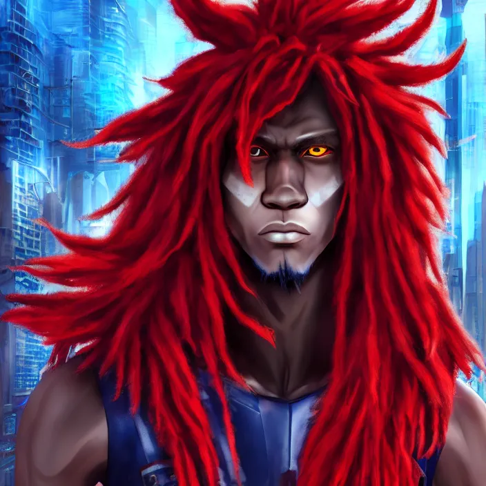 Image similar to portrait of male anthropomorphic black anime wolf, long red hair, blue eyes, in a futuristic city, hyper detailed, digital art, trending on artstation, cinematic lighting, studio quality, smooth render, unreal engine 5 rendered, octane rendered, 1 : 1 aspect ratio