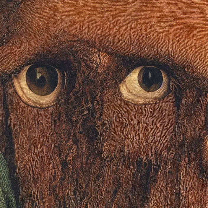 Prompt: close up portrait of a mutant monster creature with crystal eyes, small open pinky lips, fractal long eyelashes, cloth, needles. jan van eyck, audubon