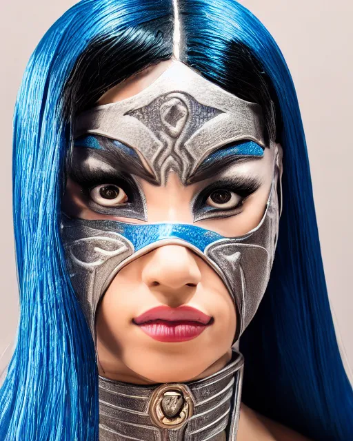 Image similar to Beautiful close highly detailed portrait of Kitana from Mortal Kombat in her iconic signature main outfit. Award-winning photography. XF IQ4, 150MP, 50mm, f/1.4, ISO 200, 1/160s, natural light, rule of thirds, symmetrical balance, depth layering, polarizing filter, Sense of Depth, AI enhanced