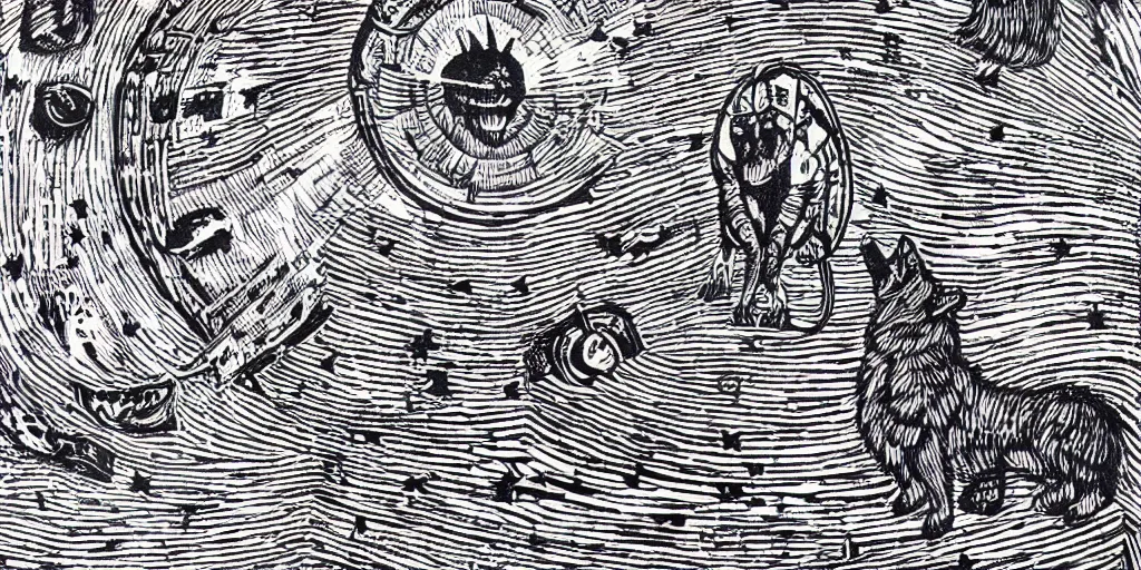 Image similar to anthropomorphic furry wolf inside a giant tower that tracks the stars and planets, woodcut