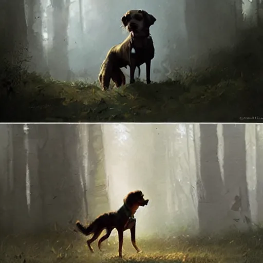 Image similar to a painting of a dog, greg rutkowski, cinematic lighting, hyper realistic painting