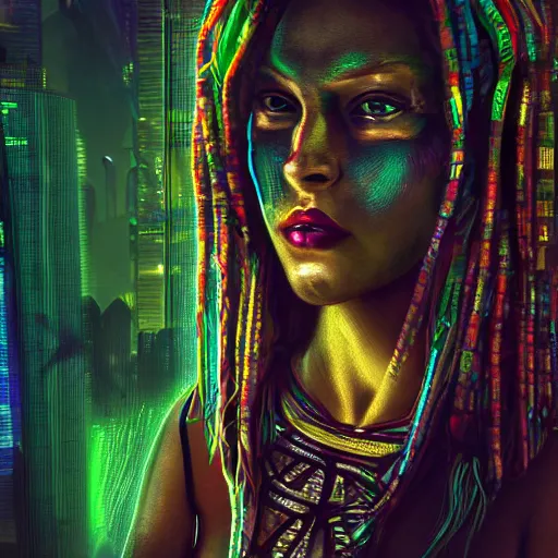 Image similar to Cyberpunk rasta woman, dark atmosphere, cinematic shot, intricate, ornate, photorealistic, ultra detailed, realistic, 35mm, photography, neon, octane, high definition, depth of field, bokeh, 8k, artstation, (alphonse mucha), (hr giger)