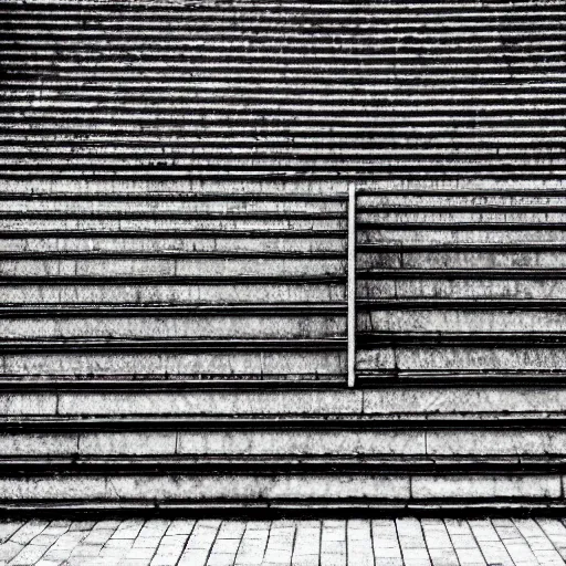 Image similar to black and white surreal photograph, highly detailed vast space made of stairsteps, sideview, detailed textures, natural light, mist, architecture photography, film grain, soft vignette, sigma 1 4 mm f / 1. 4 1 / 1 0 sec shutter, imax 7 0 mm footage