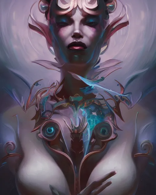 Image similar to portrait of a beautiful demon cybernetic emanation, by pete mohrbacher and artgerm and wlop, digital art, highly detailed, intricate, fantasy, mystical, Trending on Artstation HQ, deviantart, unreal engine, 4K UHD image