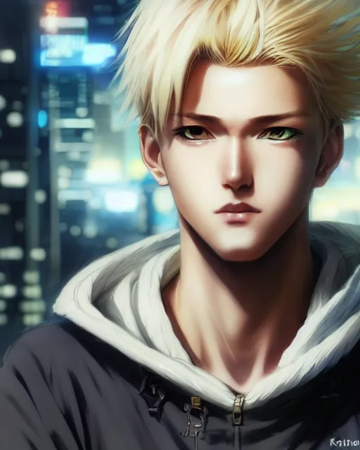 Prompt: portrait Anime Blonde Guy Short Hair Sharp fine face, pretty face, realistic shaded Perfect face, fine details. Anime. cyberpunk realistic shaded lighting by katsuhiro otomo ghost-in-the-shell, magali villeneuve, artgerm, rutkowski Jeremy Lipkin and Giuseppe Dangelico Pino and Michael Garmash and Rob Rey