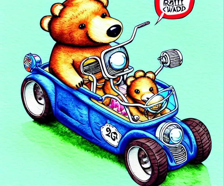 Prompt: cute and funny, bear wearing a helmet riding in a tiny hot rod with oversized engine, ratfink style by ed roth, centered award winning watercolor pen illustration, isometric illustration by chihiro iwasaki, edited by range murata