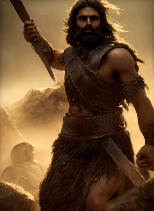 Image similar to portrait of a spartan hoplite hero, long dark hair and beard, perfect facial symmetry + dim volumetric lighting, 8k octane beautifully detailed render, post-processing, extremely hyperdetailed, intricate, epic composition, grim yet sparkling atmosphere, cinematic lighting + masterpiece, trending on artstation