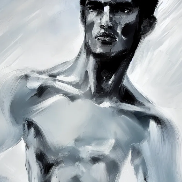 Prompt: closeup of a thin, athletic physique man's body in abstract, thick flowing dramatic brush strokes, strong wind, white background, matte colors, impressionist, extreme motion, trending on artstation