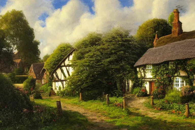 Prompt: A quaint cottage in an English village, merry england, oil on canvas, 4k, detailed, in the style of John Howe