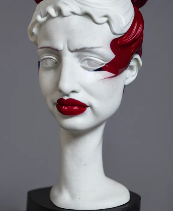 Image similar to a white modern marble and ruby sculptural bust of krysten ritter as harley quinn, delicate, intricate, smooth, beautiful, by charles van der stappen
