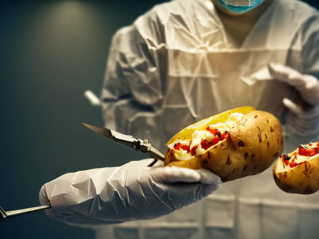 Image similar to surgeon operating on a baked potato, science fiction industrial hard science concept art, 8K render octane high definition cgsociety, photorealistic, unreal engine