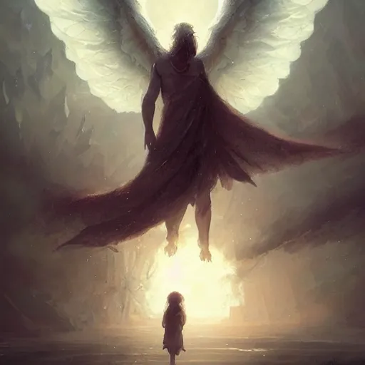 Prompt: a beautiful terrifying pale humanoid giant with wings looms over a tiny human. ethereal fantasy art by greg rutkowski