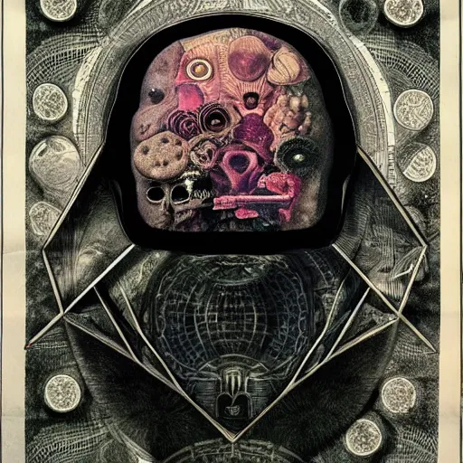 Image similar to new age album cover, asymmetrical design, contains no faces, highly detailed, dollar bank notes, capitalism, magic, apocalypse, psychedelic poster, black white pastel pink, slightly holographic, magic, giger h. r., giuseppe arcimboldo, peder balke