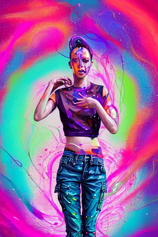 Image similar to a award winning half body portrait of a beautiful woman in a croptop and cargo pants with ombre purple pink teal hairstyle and hands in pockets by ari liloan, surrounded by whirling illuminated lines, paint splashes and splatter, outrun, vaporware, shaded flat illustration, digital art, trending on artstation, highly detailed, fine detail, intricate