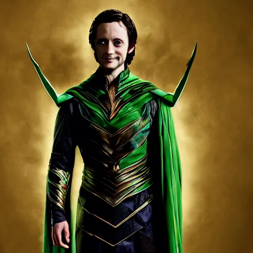 Image similar to Elijah Wood as Loki, full body portrait