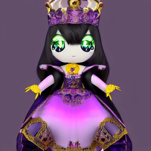 Prompt: cute fumo plush of a elaborately dressed princess in black and purple regalia, crown, outline glow lens flare, vray