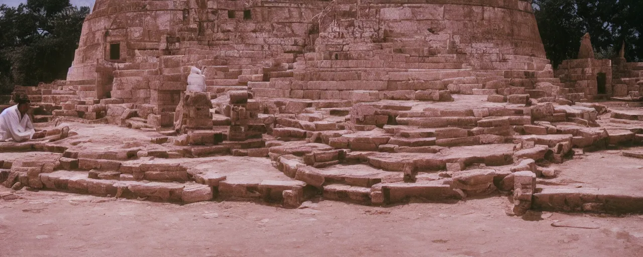 Image similar to offering spaghetti at sanchi stupa, ancient india, canon 5 0 mm, shallow depth of field, kodachrome film, in the style of galen rowell, retro