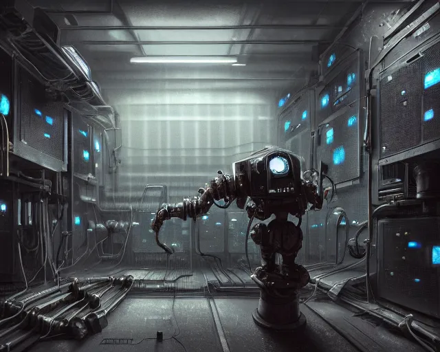 Image similar to robo in gloomy ruined server room in datacenter robot painting concept art of automata rusty steel robot knight colossus welder pacing mono eyed, sharp focus, emitting diodes, smoke, artillery, sparks, racks, motherboard, by pascal blanche rutkowski repin artstation hyperrealism detailed character design matte painting, 4 k resolution blade runner