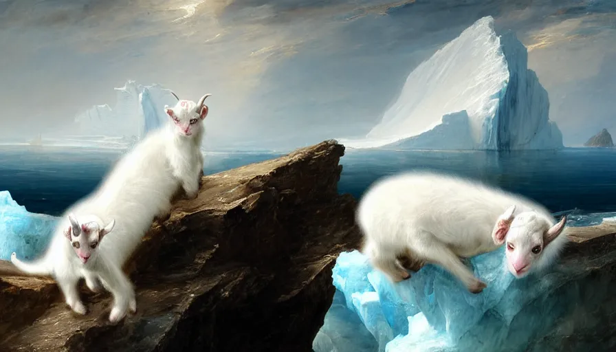 Image similar to highly detailed painting of white giant majestic chimera goat kitten seals on a blue and white iceberg by william turner, by greg rutkowski, by william constable, thick brush strokes and visible paint layers, 4 k resolution