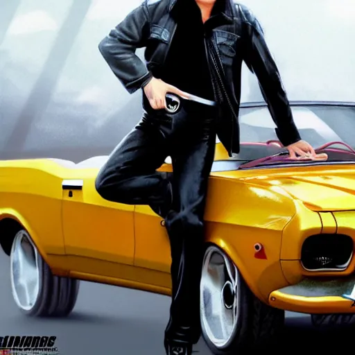 Image similar to elvis leaning on a vintage ford capri. film still. 4 k hd image, trending on artstation, featured on behance, well rendered, extra crisp, features intricate detail, epic composition and the style of quintin tarantino.