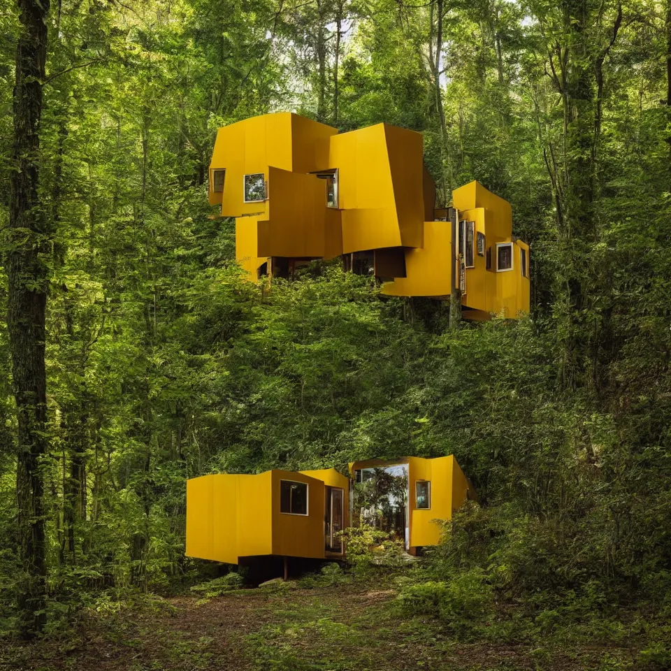 Image similar to a tiny horizontal house in a forest, designed by Frank Gehry. Big tiles. Small wooden pathway . Film grain, cinematic, yellow hue