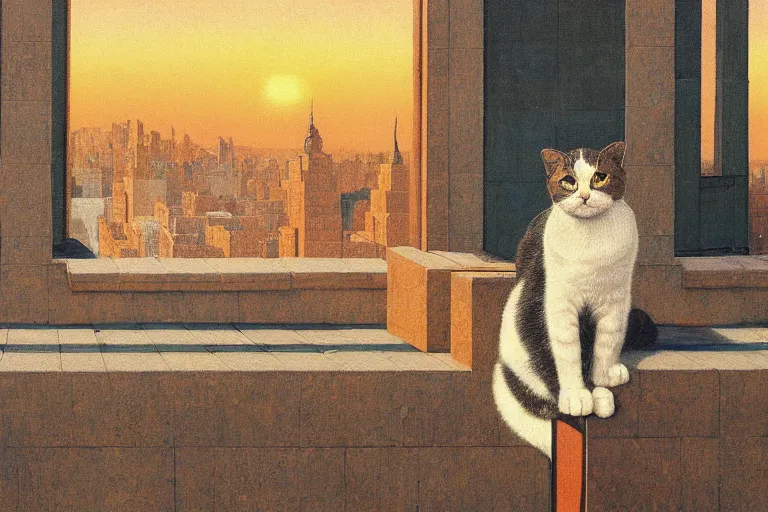 Prompt: painting of a cat, in a rooftop, watching new york, beautiful, sunset, romantic, by ludwig deutsch and maxfield parrish, patterned tilework, extremely detailed, cinematic lighting, smooth sharp focus