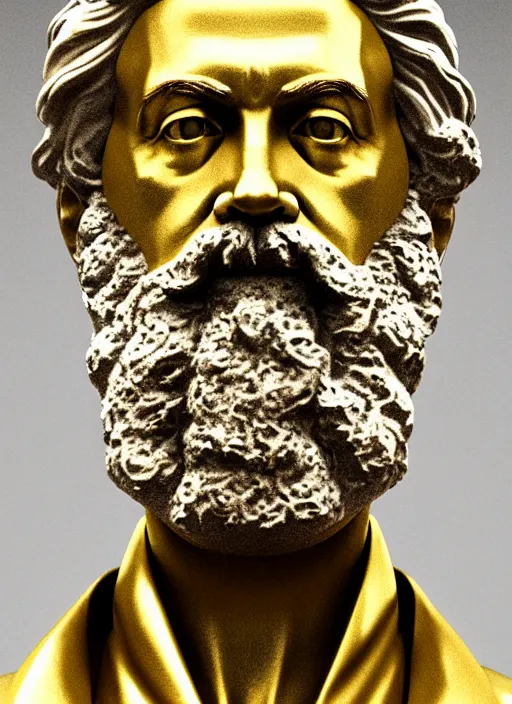 Prompt: a statue made of white marble with gold veins, of karl marx, transhumanism, full body shot, perfect symmetrical body, perfect symmetrical face, hyper realistic, hyper detailed, by johannen voss, by peter kemp, by monia merlo, by michelangelo, by ernst haeckel, by alex grey, octane render, blender, 8 k