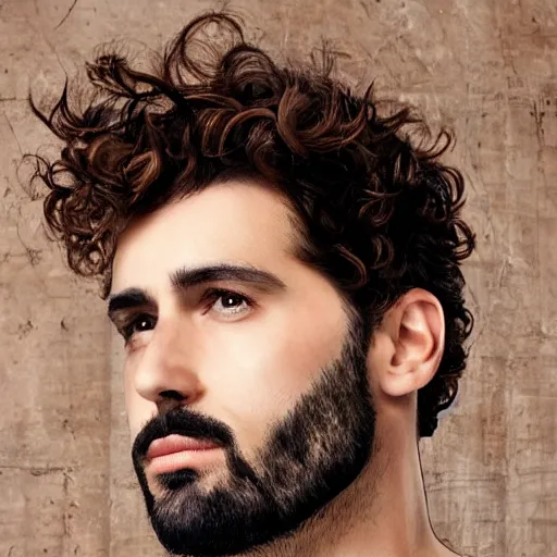 Image similar to french handsome man with curly short brown hair and a huge nose and a brown goatee with a luxury crown