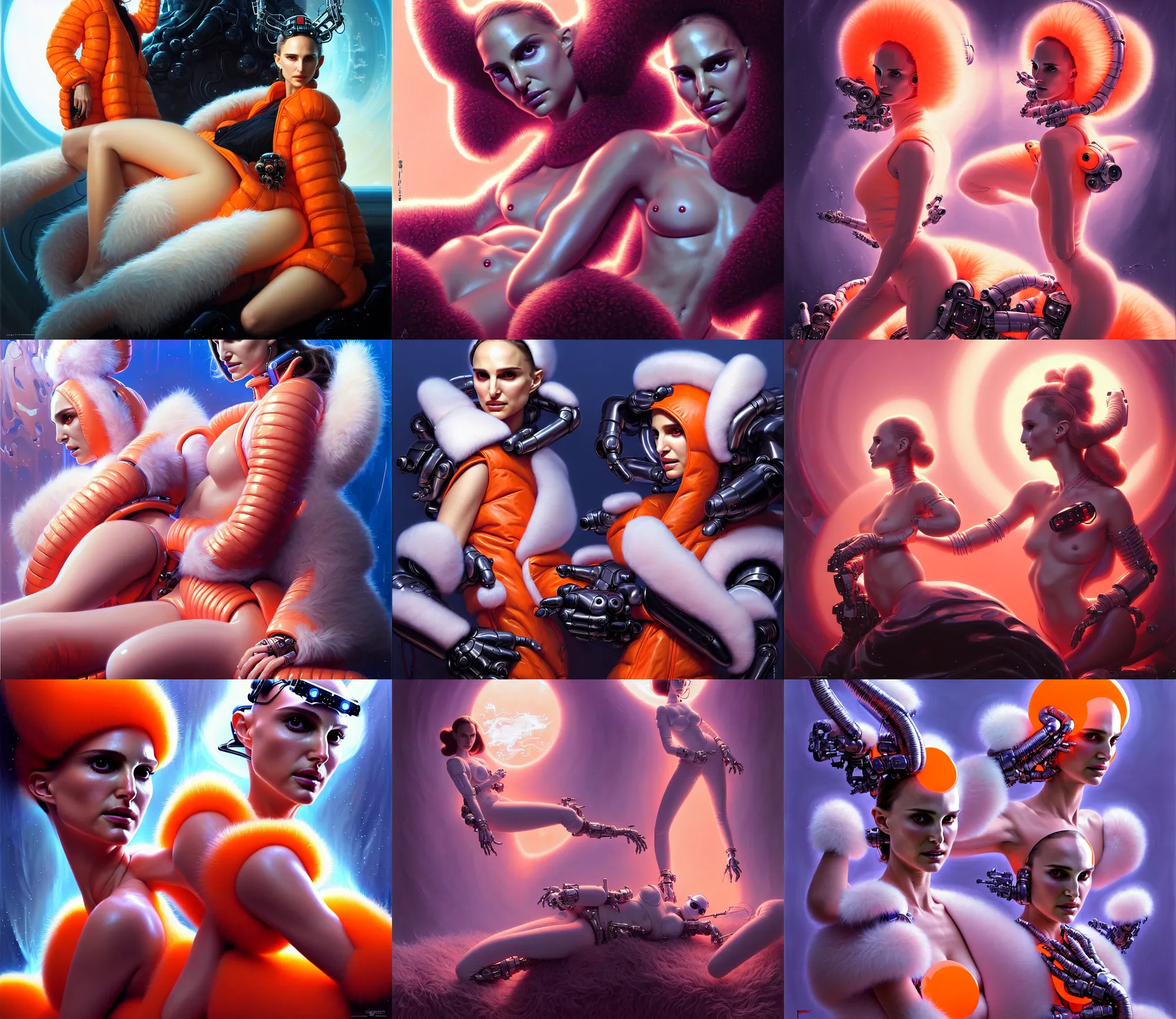 Prompt: beautiful fantasy character portrait, natalie portman, wearing orange puffy bomber jacket with white fur, seductive reclining pose, futuristic chrome drones, ultra realistic, dark dramatic lighting, robots, the fifth element artifacts, highly detailed by peter mohrbacher, hajime sorayama, wayne barlowe, boris vallejo, aaron horkey, gaston bussiere, craig mullins