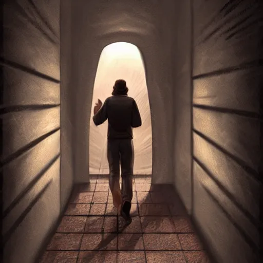 Image similar to a man walking into the portal, concept art, illustration, highly detailed, artwork, cinematic, hyper realistic, art station