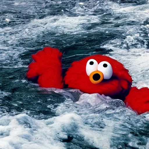 Image similar to cnn news footage of elmo being washed up on shore, view from above, tv