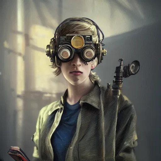 Prompt: rough and moody, colorful, highly detailed painting, science fiction, isolated awkward brilliant female blond teenage tomboy girl with short hair, wearing victorian brass goggles, in industrial workshop, reading engineering book, octane render, artstation, michael whelan, ron cobb, digital illustration