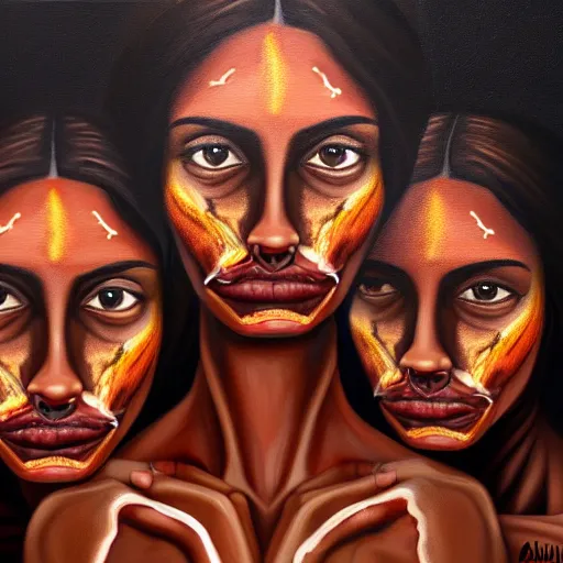 Image similar to a painting of a brown womanterrified of three brown men, hyperrealistic faces, detailed digital art, aesthetic!, trending on artstation, anatomically correct face and fingers