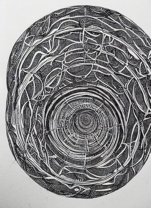 Image similar to a micron pen drawing of a wormhole, intricate