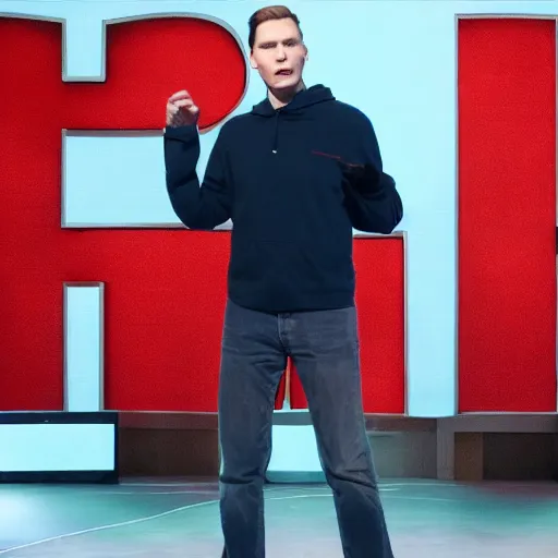 Image similar to jerma 9 8 5 doing a ted talk, professional photography, wide shot, film still, high resolution