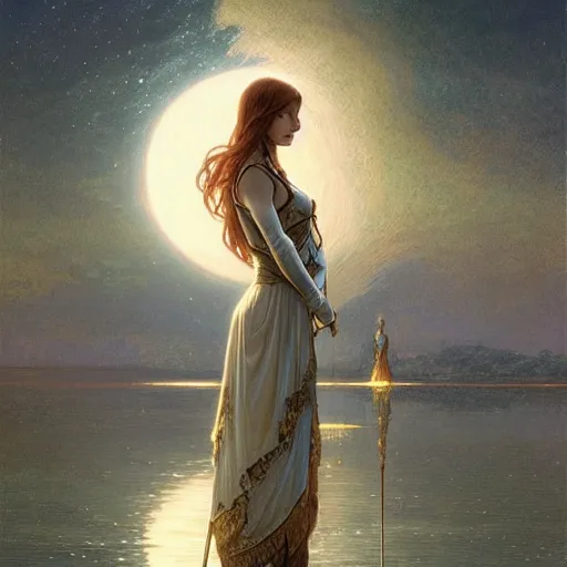 Image similar to excalibur rising from the middle of a lake under a giant full moon, rippling reflections, romantic, cinematic, intricate, elegant, highly detailed, artstation, concept art, smooth, sharp focus, art by alphonse mucha and Monia Merlo and Raymond Swanland and greg rutkowski