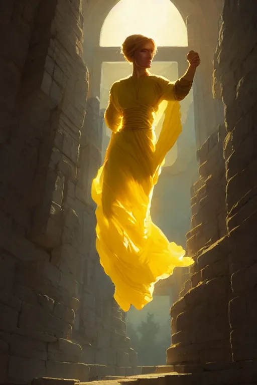 Prompt: invisible woman wearing an ancient greek tunic made of yellow paper, stephen bliss, unreal engine, fantasy art by greg rutkowski, rhads, ferdinand knab, makoto shinkai and lois van baarle, ilya kuvshinov, rossdraws, tom bagshaw, global illumination, radiant light